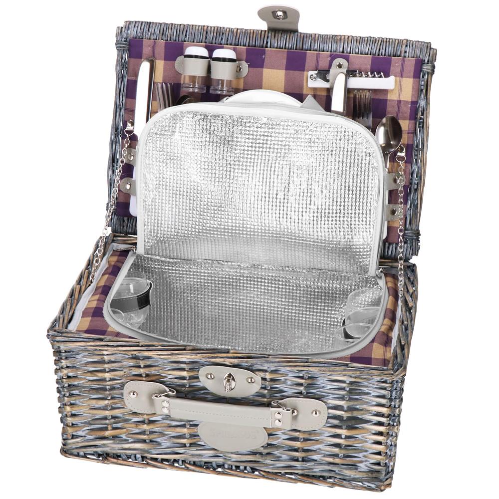 Cos de picnic echipat pentru 4 persoane Deluxe, din rachita, cu vesela si tacamuri, izolat termic, gri