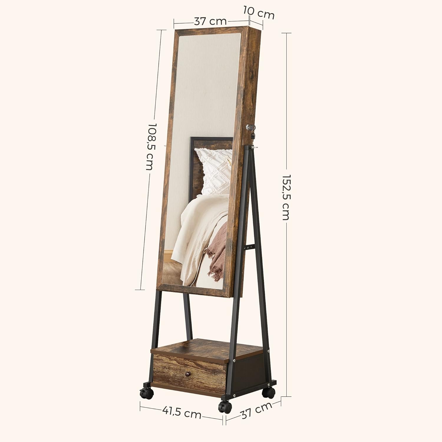 SONGMICS Oglinda de podea cu suport mobil pe roti, spatiu de depozitare, 42x37x153 cm, maro rustic