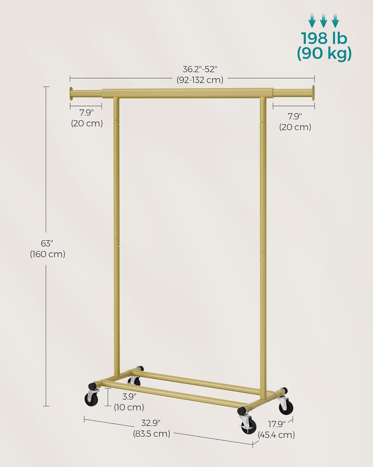 SONGMICS Suport pentru haine cu sina superioara extensibila, pe roti, reglabil pe latime, 45x(92-132)x160cm, auriu