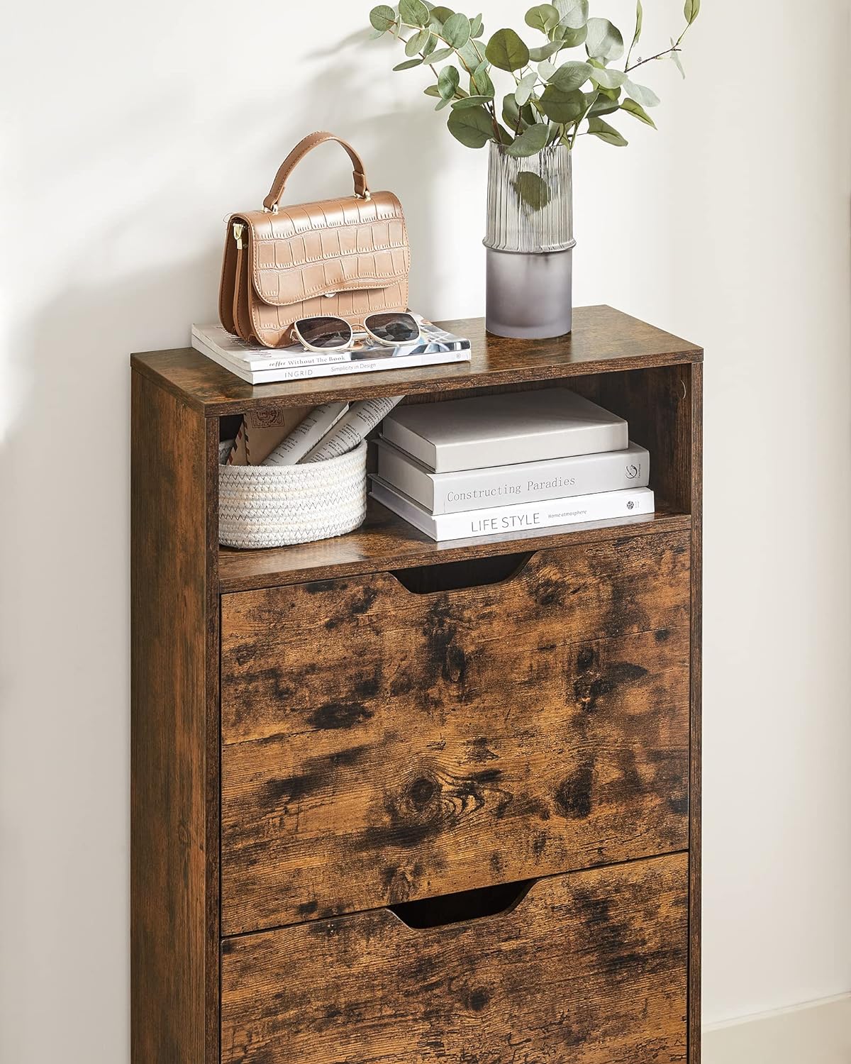 VASAGLE Dulap pantofi cu 2 usi flip, separator reglabil si detasabil, pentru 8-12 perechi, 24x60x102cm, maro rustic