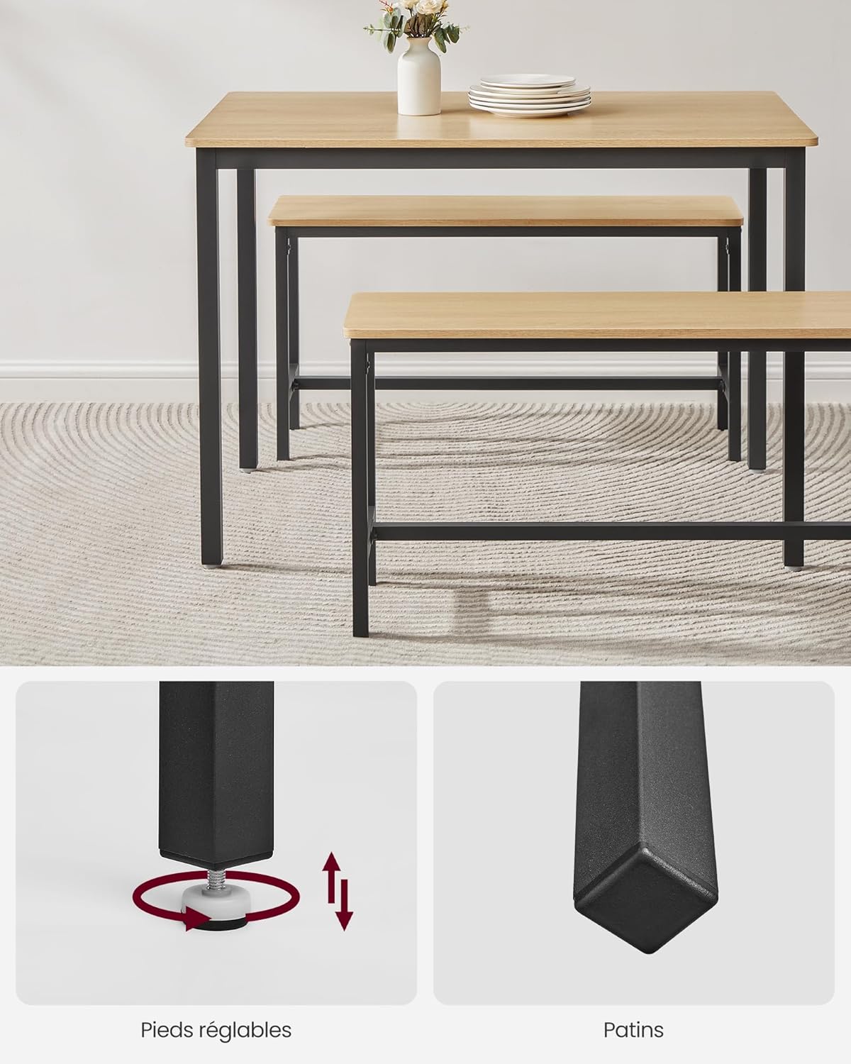 VASAGLE Masa de bar cu 2 banci, design industrial, 110x70x75 cm, stejar natur