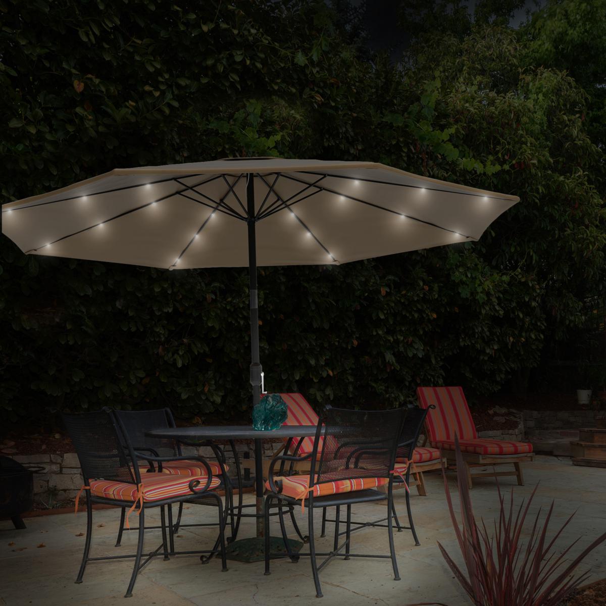 Umbrela terasa gradina, cu inclinare si husa, iluminare LED solara, 300cm, Bej