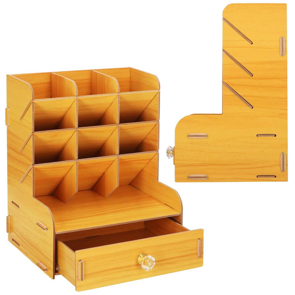 Organizator pentru birou, din lemn, cu 10 compartimente si sertar
