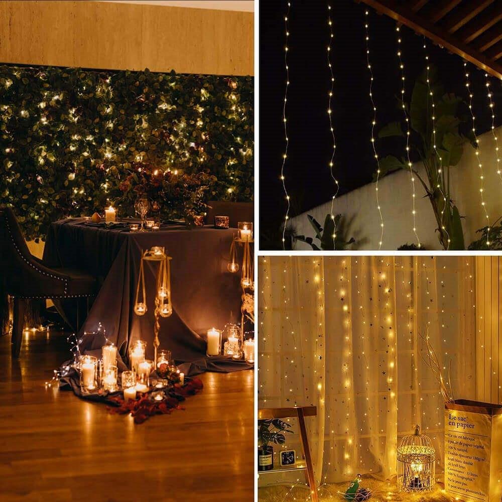 Ghirlanda luminoasa tip perdea 300 LED-uri, 3x3m, pentru interior, cu telecomanda, alb cald (galben)