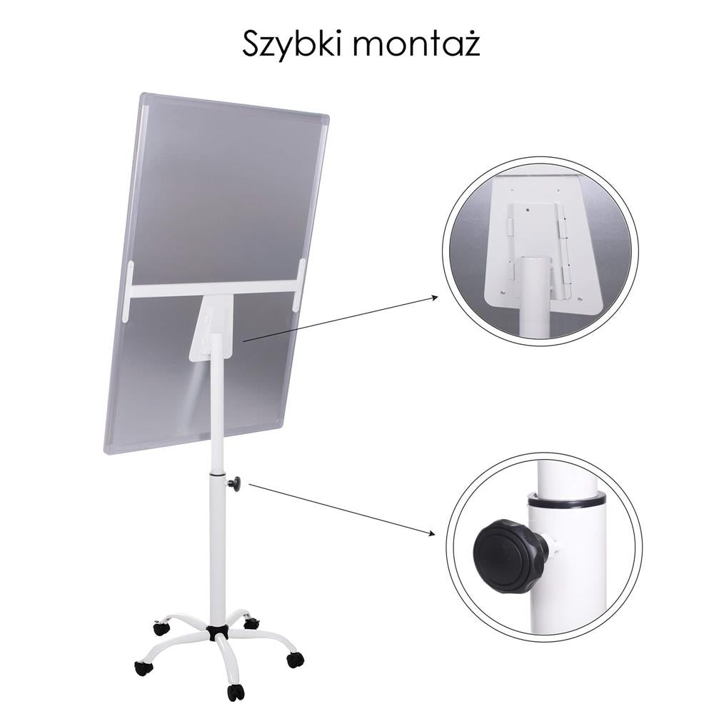 Flipchard magnetic cu picior, mobil pe role, inaltime ajustabila, 70x100cm, alb