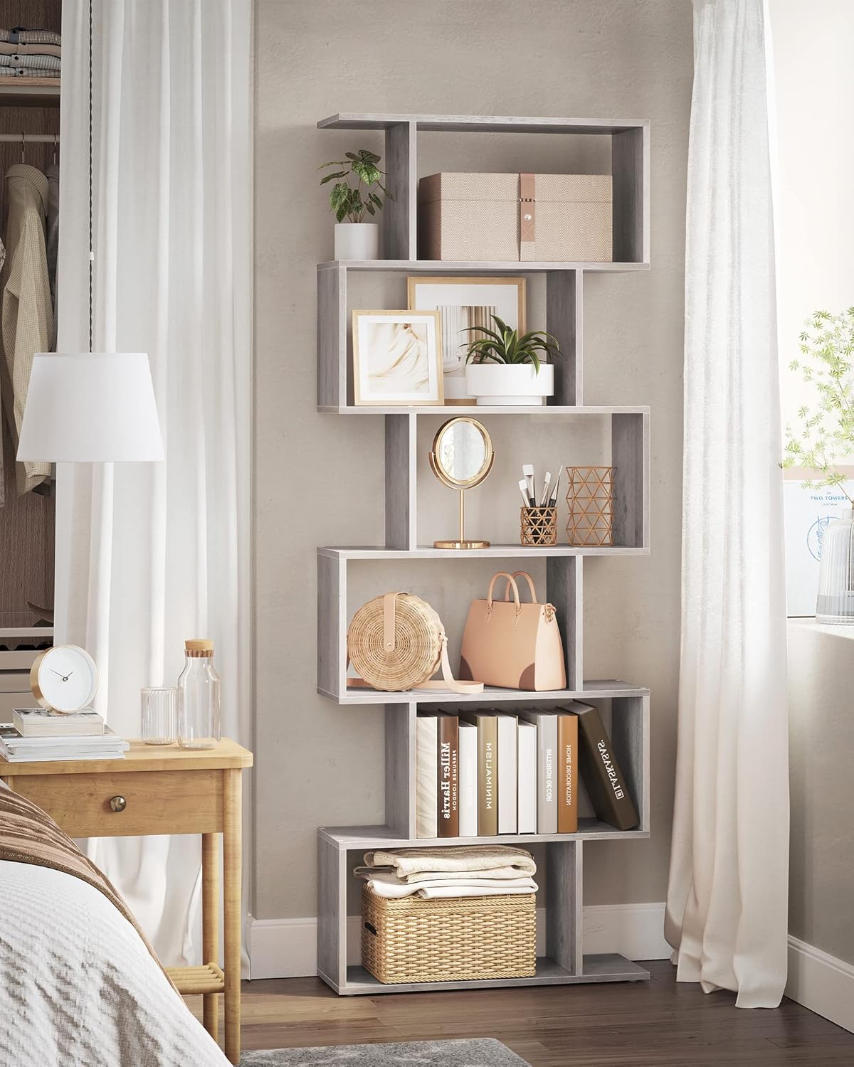 VASAGLE Biblioteca, raft cu 6 unitati de depozitare, pentru living, din lemn, 24x190x70cm, gri stejar - 5