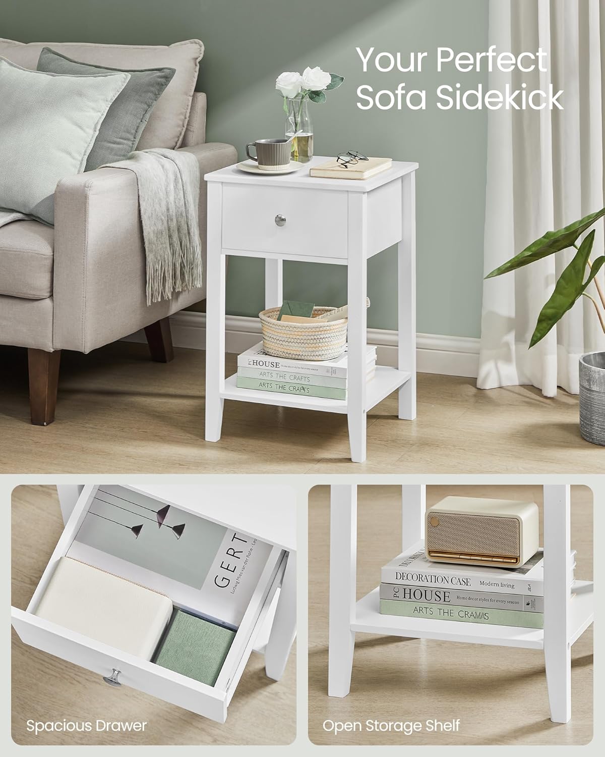 VASAGLE Set de 2 noptiere din bambus, cu sertare, 35x40x60 cm, alb