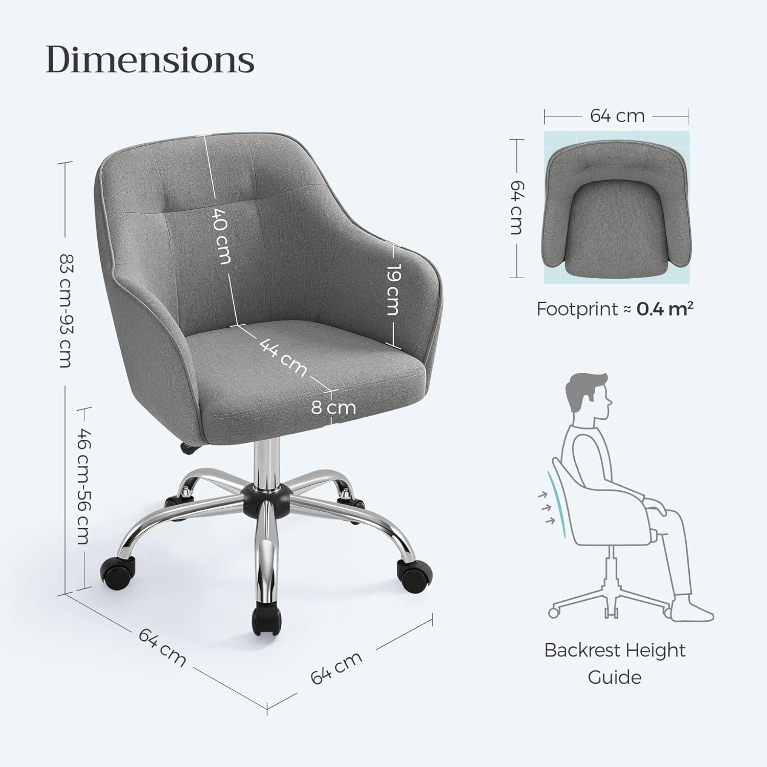SONGMICS Scaun de birou ergonomic, inaltime reglabila, 65x69x(83-93) cm, gri - 5