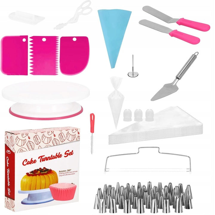 Set patiserie cu platou rotativ, 200 piese cu sabloane pentru ornarea prajiturilor