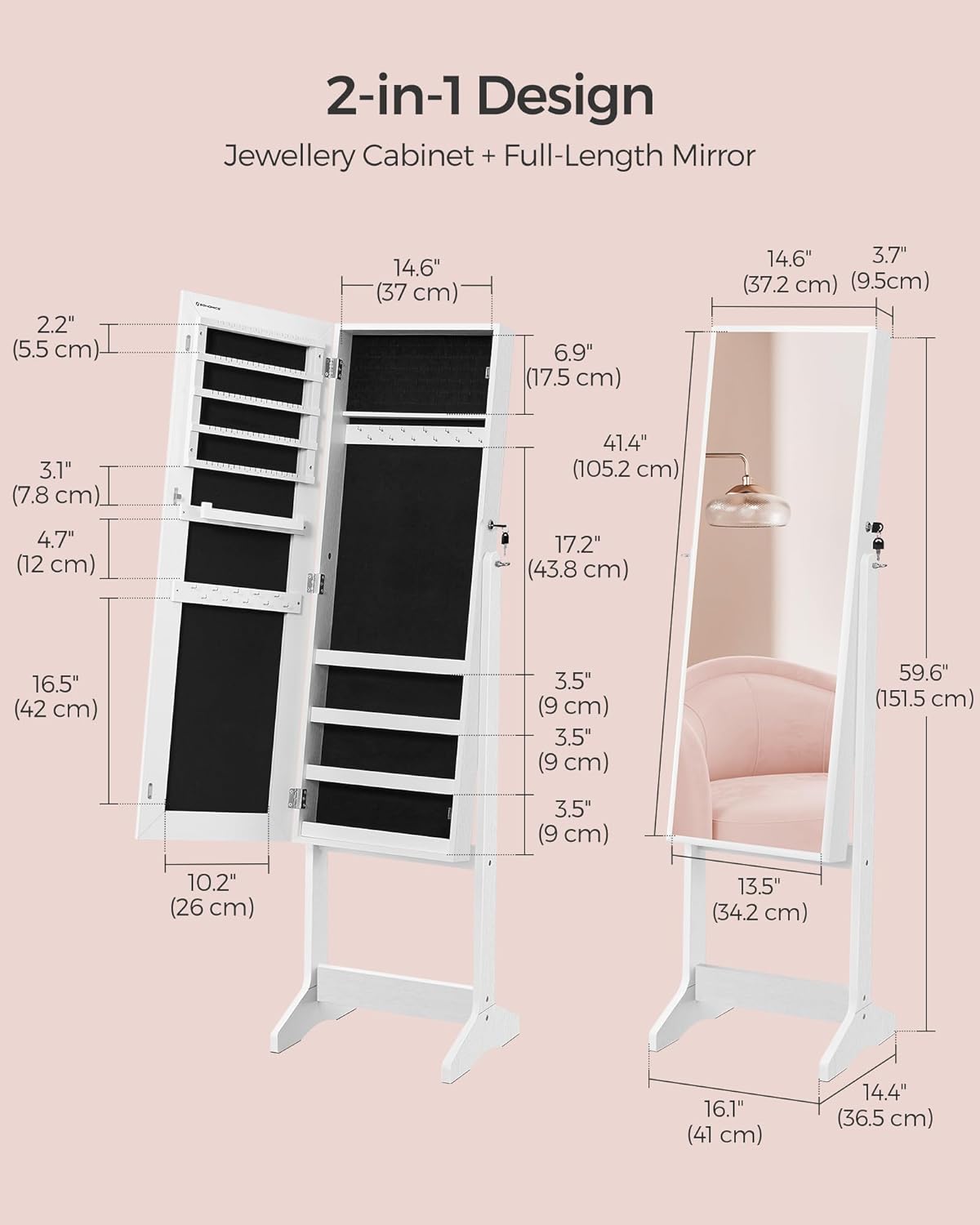 SONGMICS Oglinda de podea cu suport, din MDF, spatiu de depozitare, 41x37x152 cm, alb