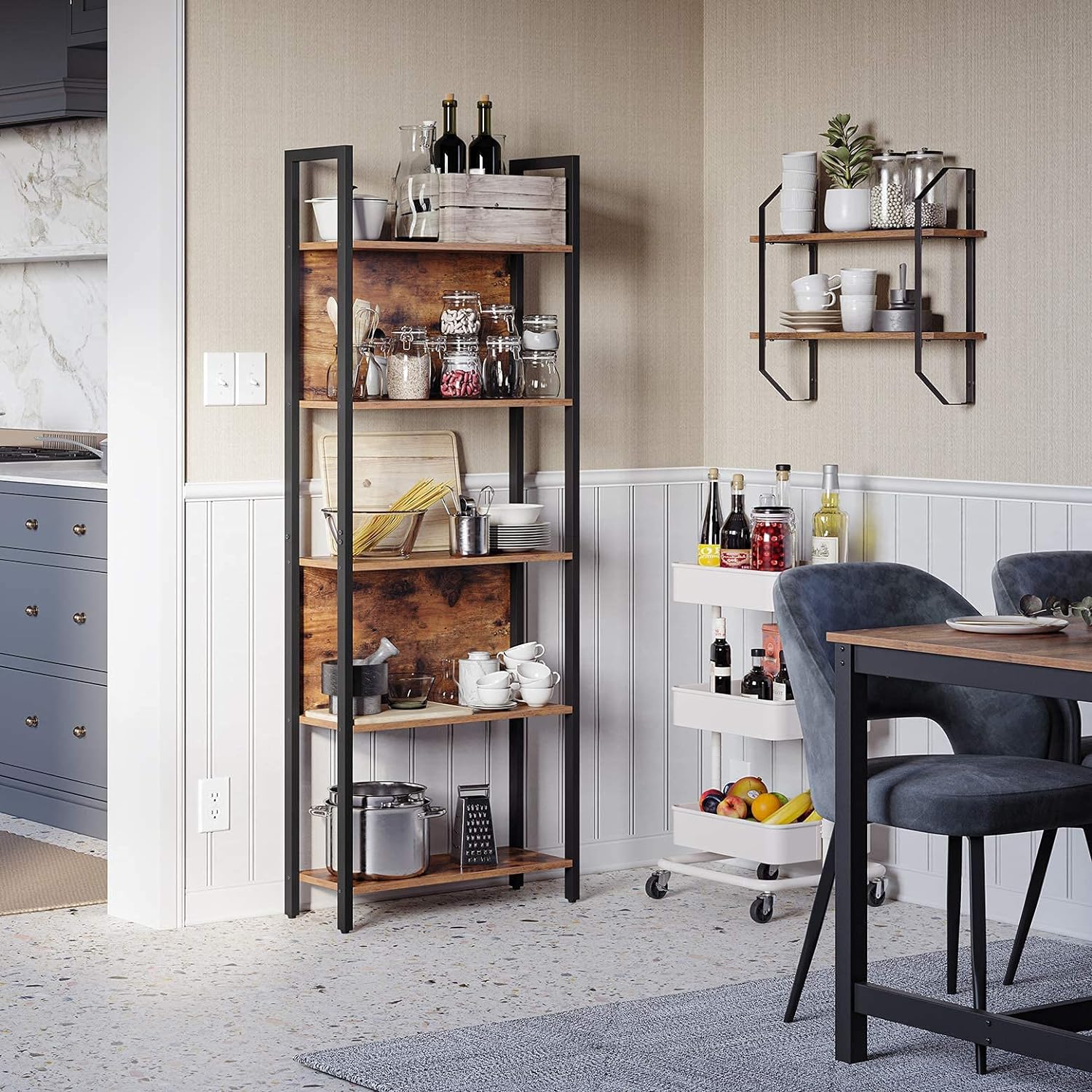 VASAGLE Biblioteca cu 5 rafturi de depozitare, cadru otel, stil industrial, 62x24x165cm, maro rustic si negru