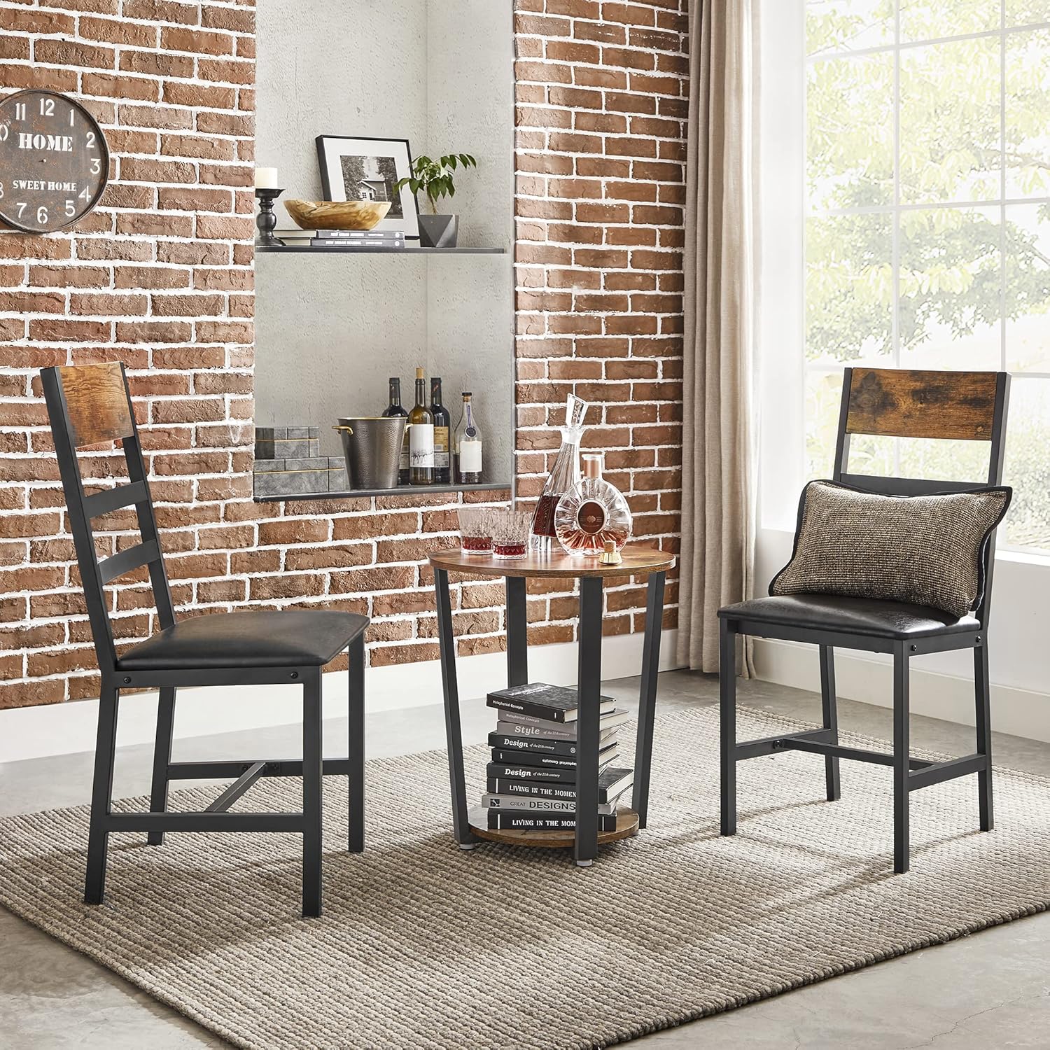 VASAGLE Set 2 scaune de living, tapitate, cu spatar, stil industrial, 43x43x96 cm, maro rustic si negru