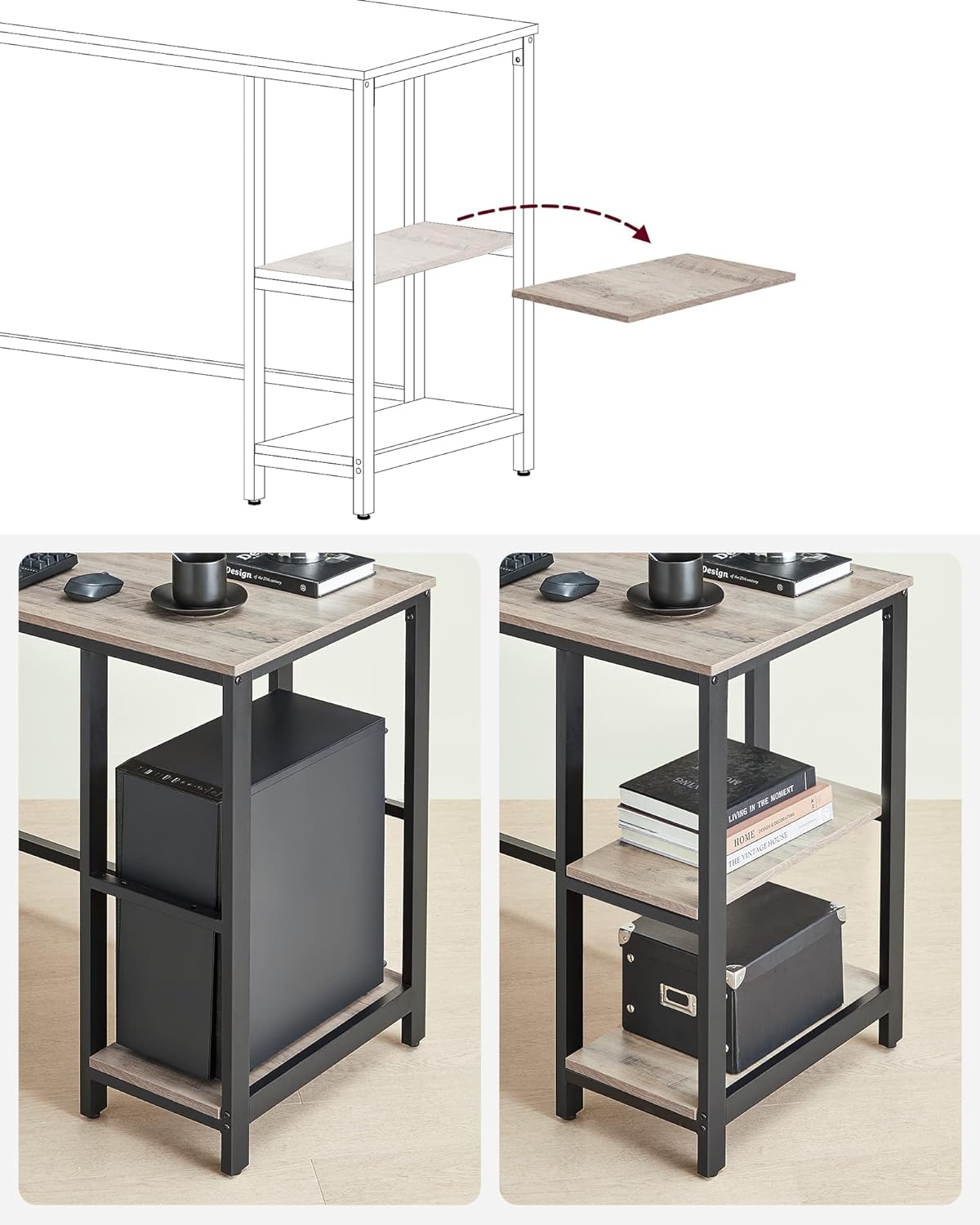 VASAGLE Birou de colt in forma de L, cu 2 rafturi de depozitare, 138x138x75cm, industrial, gri si negru