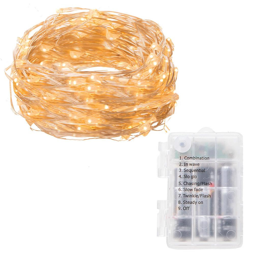 Instalatie lumina decorativa cu 100 LED-uri, 10m, alimentare baterii, telecomanda, iluminare galbena