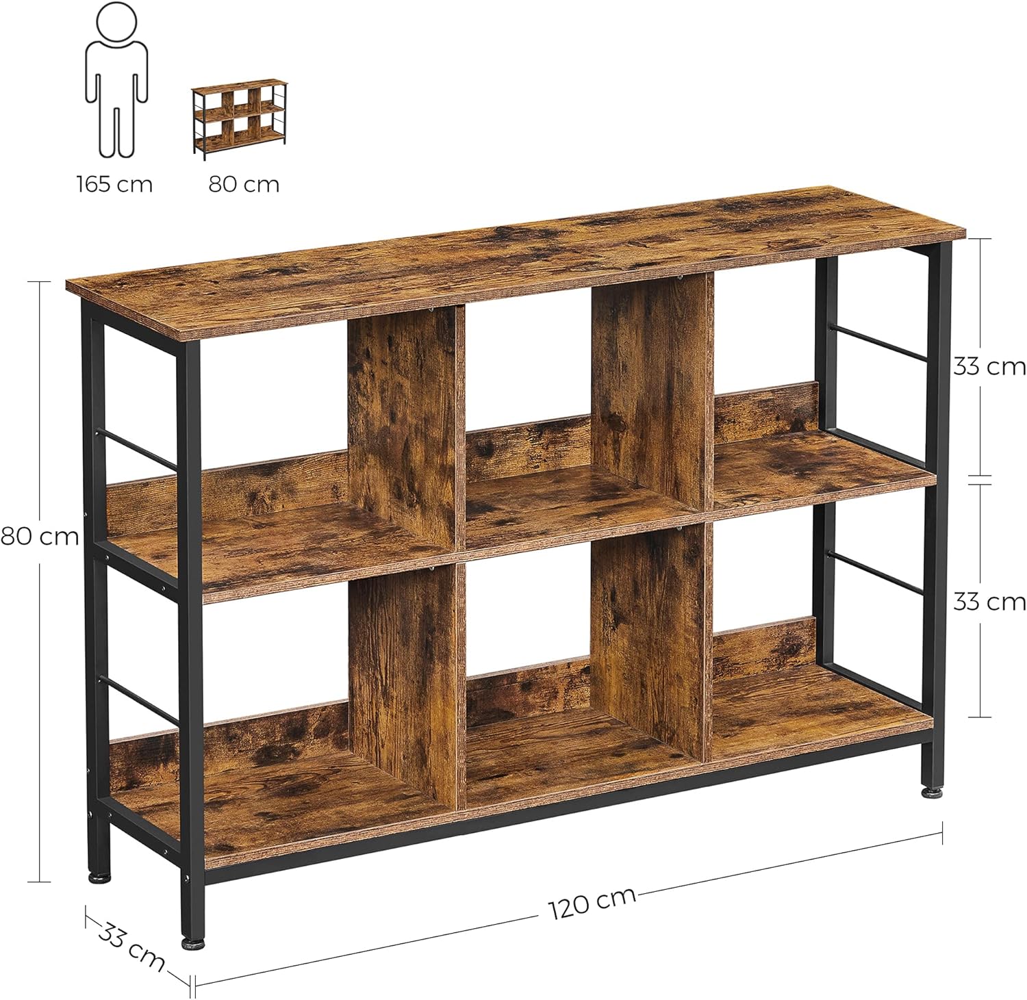 VASAGLE Biblioteca, raft cu 6 unitati de depozitare, din lemn, 33x120x80 cm, maro rustic - 5