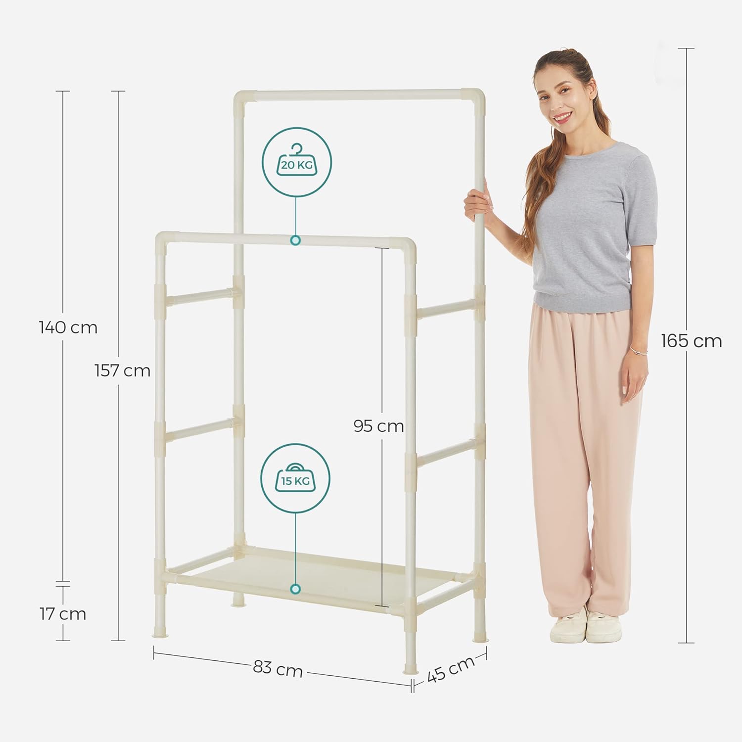 SONGMICS Raft de haine din metal, cu 2 bare de haine si 1 raft, maxim 70 kg, industrial, 45x83x157cm, alb