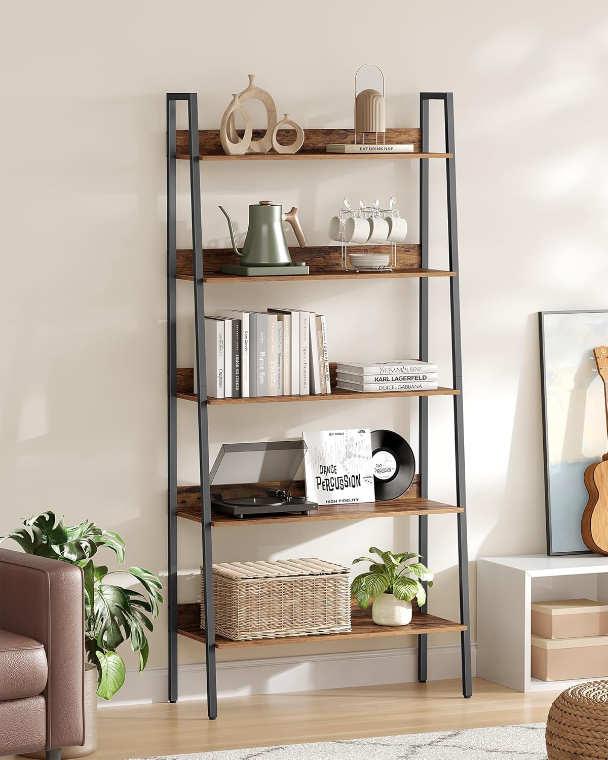 VASAGLE Biblioteca tip scara, cadru otel cu 5 polite, stil industrial, 80x30x170 cm, maro - 4