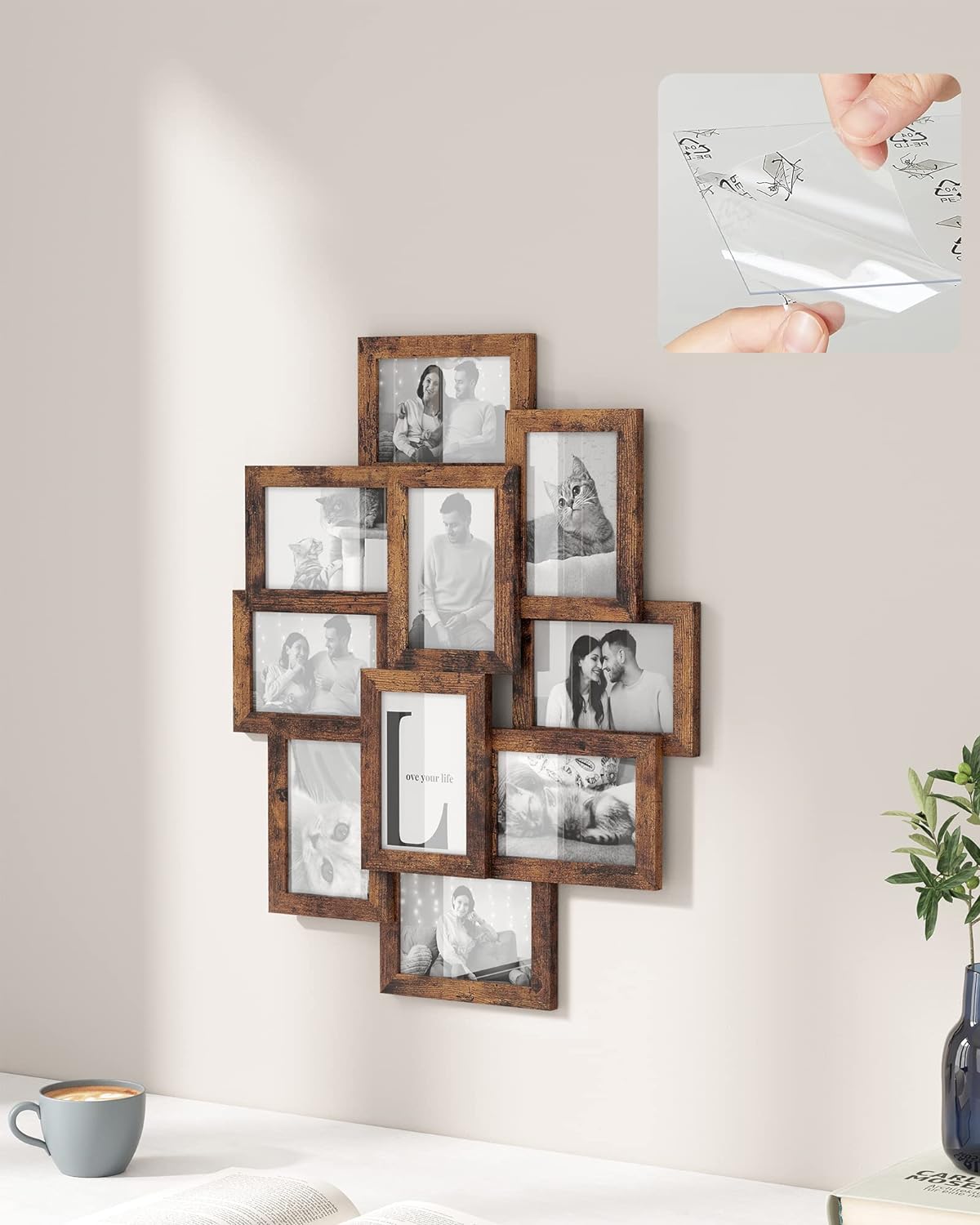 SONGMICS Rama foto de perete din MDF, colaj de 10 fotografii, 60x49cm, maro rustic