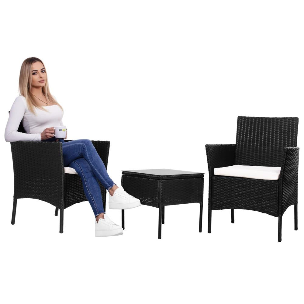 Set mobilier terasa, din tehnorattan, masa cu blat sticla securizata, 2 fotolii cu perne, negru