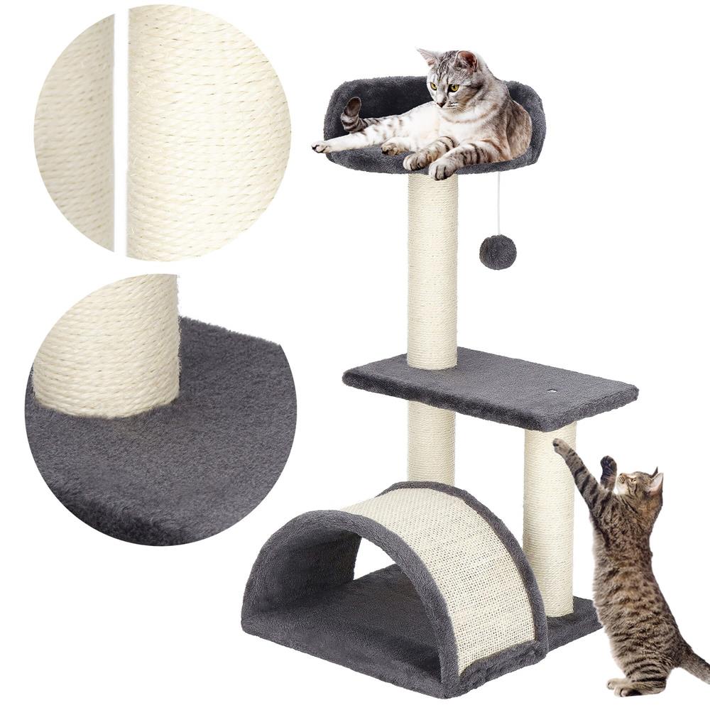 Ansamblu de joaca pentru pisici, cu loc pentru zgariat, ascuns, culcus, minge, 67cm, crem