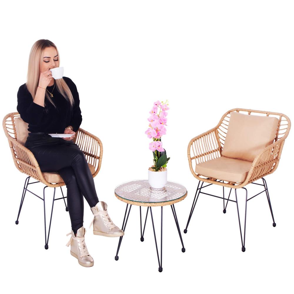 Set mobilier terasa, din tehnorattan, masa cu blat sticla securizata, 2 fotolii cu perne, maro