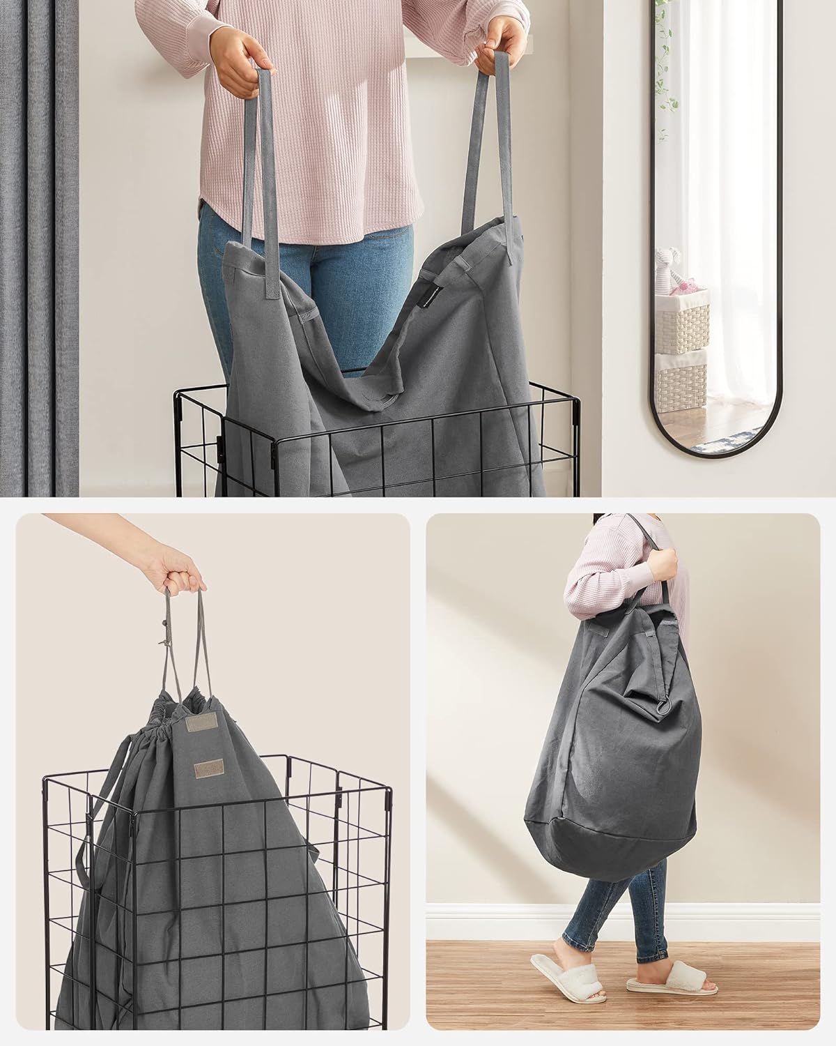 SONGMICS Cos de rufe pliabil cu cadru metalic, sac detasabil si lavabil, 90L, 48x33x58cm, negru si gri