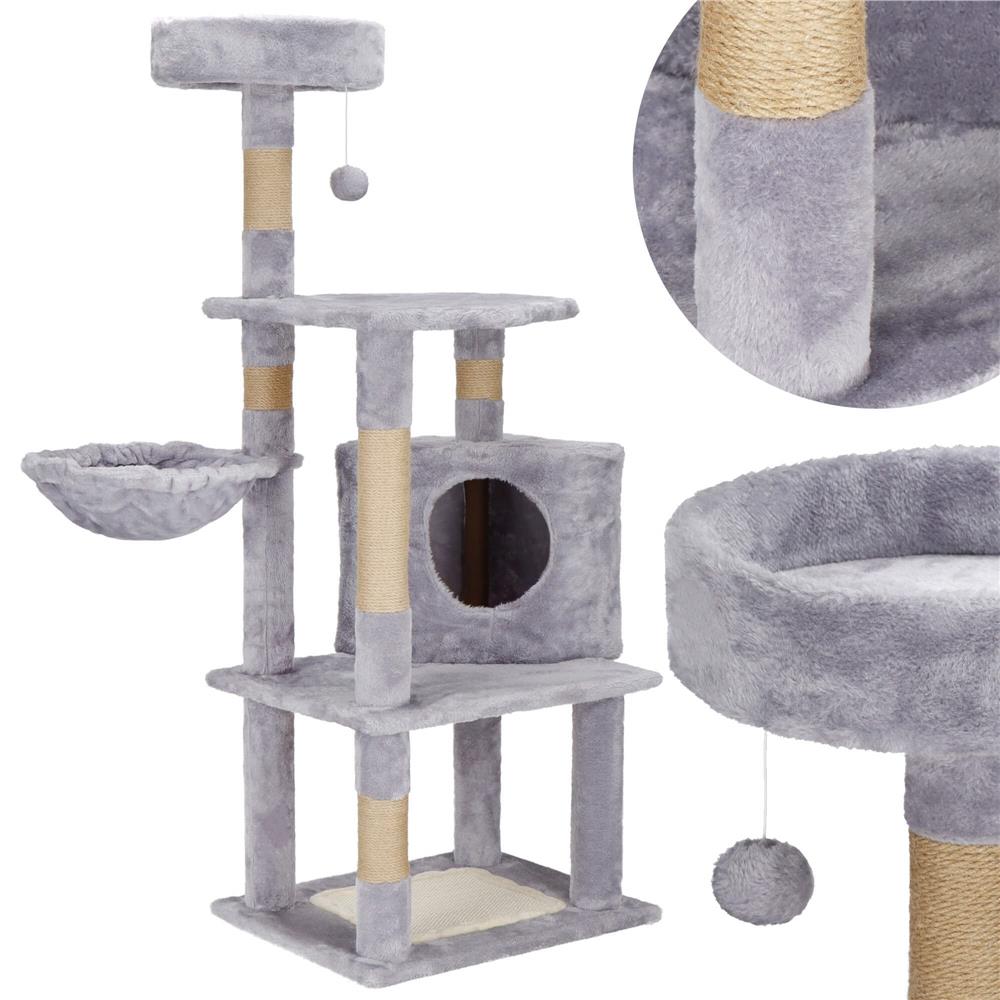 Ansamblu de joaca pentru pisici, cu loc pentru zgariat, ascuns, culcus, minge, 124cm, gri