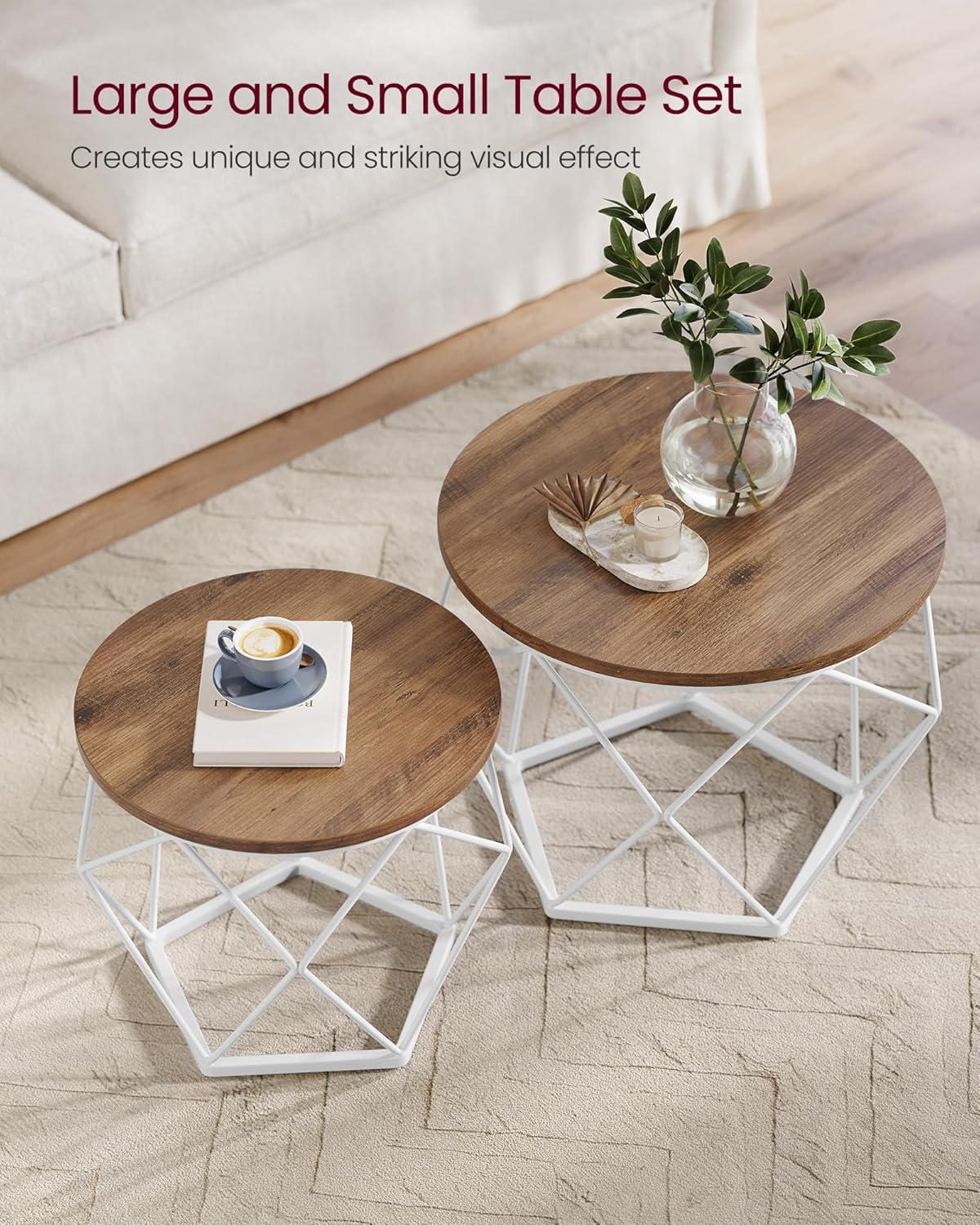 VASAGLE Set de 2 mese de cafea rotunde, cadru otel si blat detasabil, 40cm si 50cm, alb si maro