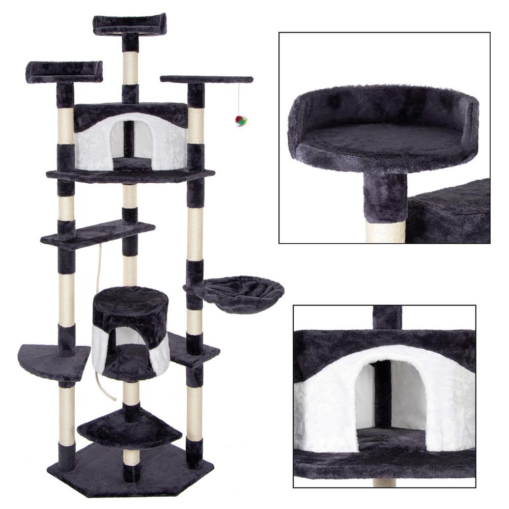 Ansamblu de joaca pentru pisici, cu loc pentru zgariat, ascuns, culcus, minge, sfoara, 203cm, gri inchis