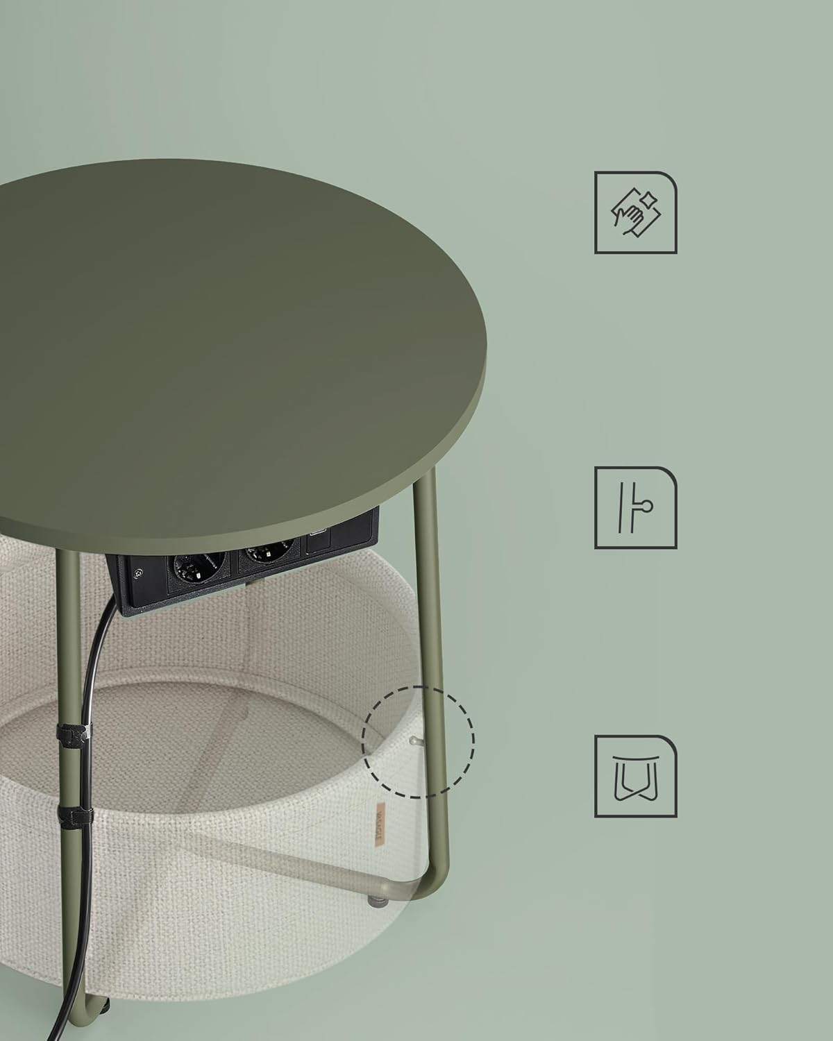 VASAGLE Masuta de cafea rotunda cu cos de stofa, statie de incarcare 2 prize si 2 USB, 45x50cm, verde crem - 5