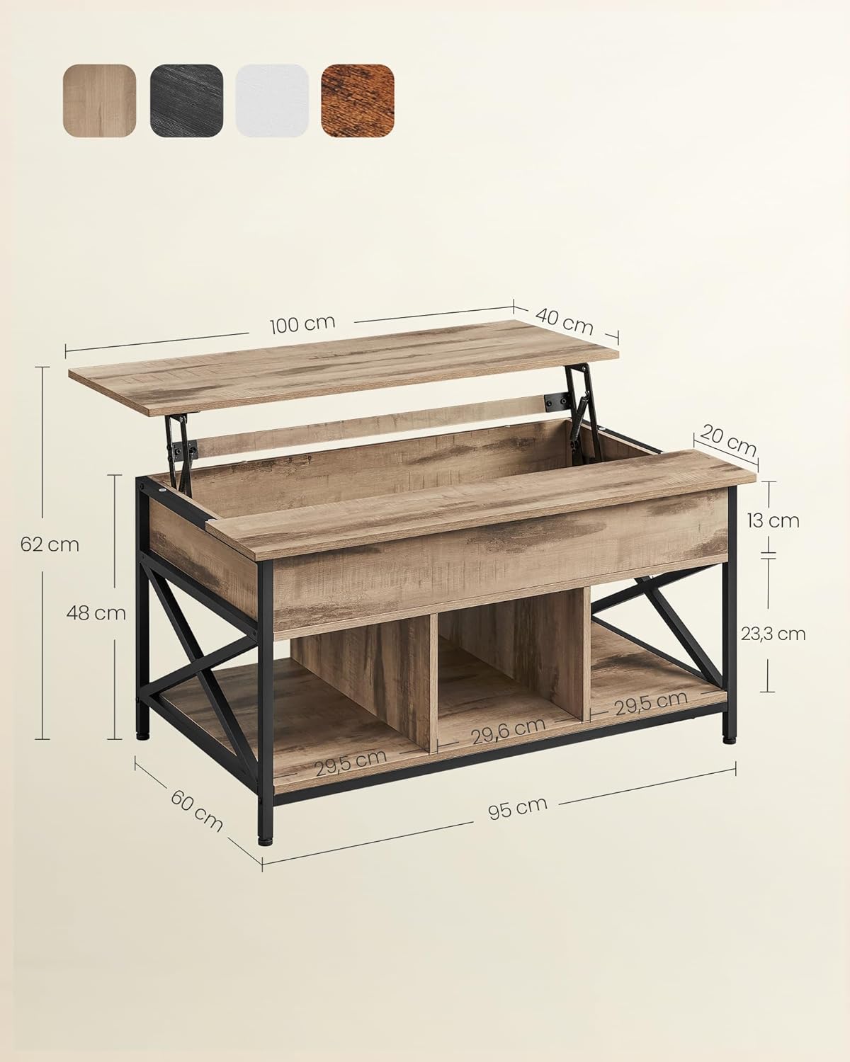 VASAGLE Masa de cafea cu inaltime reglabila, spatiu de depozitare ascuns, 60x100x(48-62) cm, gri stejar