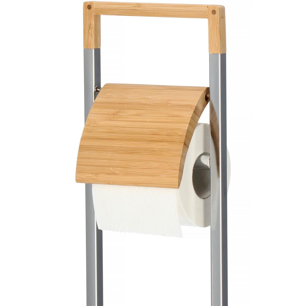 Stand cu perie WC si suport hartie igienica, inox si bambus, 75cm, argintiu