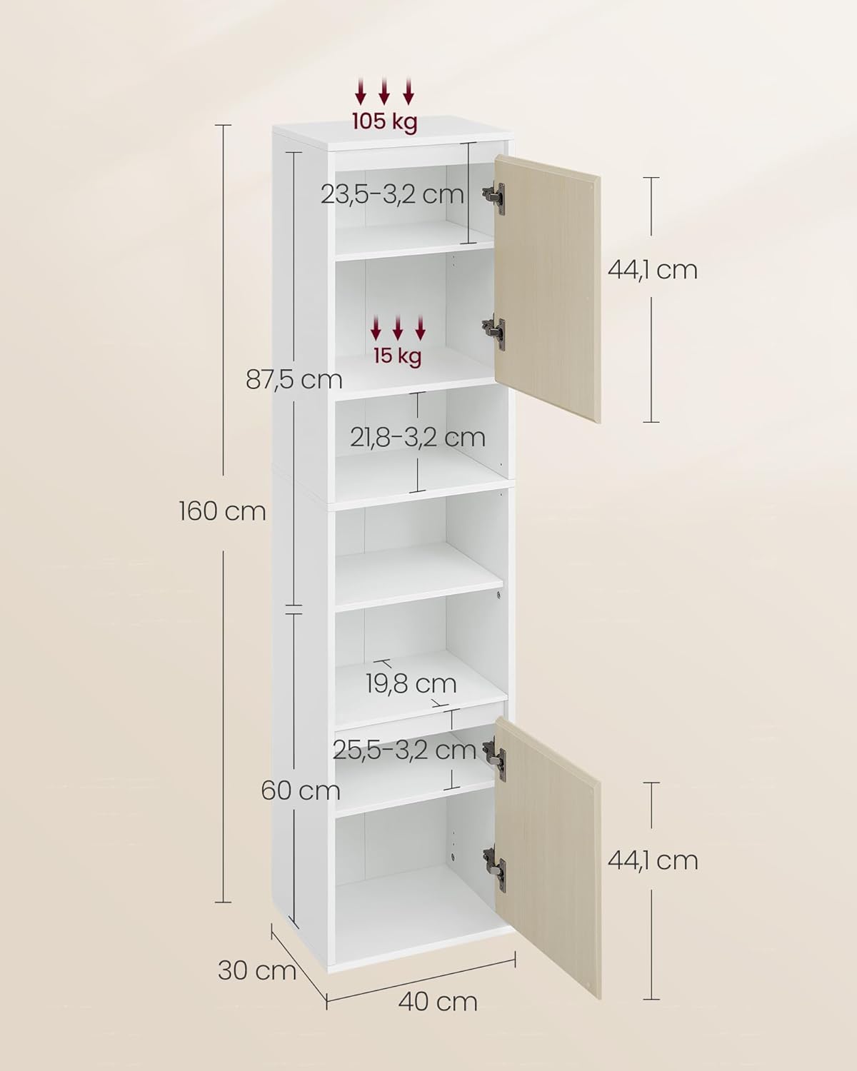 VASAGLE Dulap baie cu montare pe podea sau perete, 7 compartimente, 30x40x160 cm, alb bej