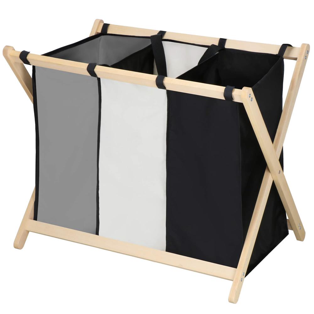 Cos de rufe cu 3 compartimente, cadru din lemn, 67x43x55 cm, 105 litri