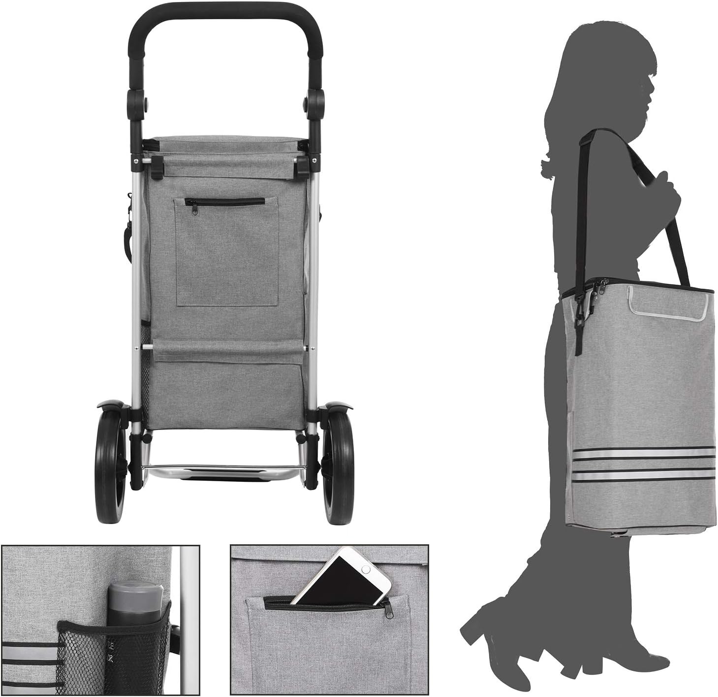 SONGMICS Carucior de cumparaturi piata, pliabil, compartiment frigorific, multifunctional, 44x35x100 cm, gri