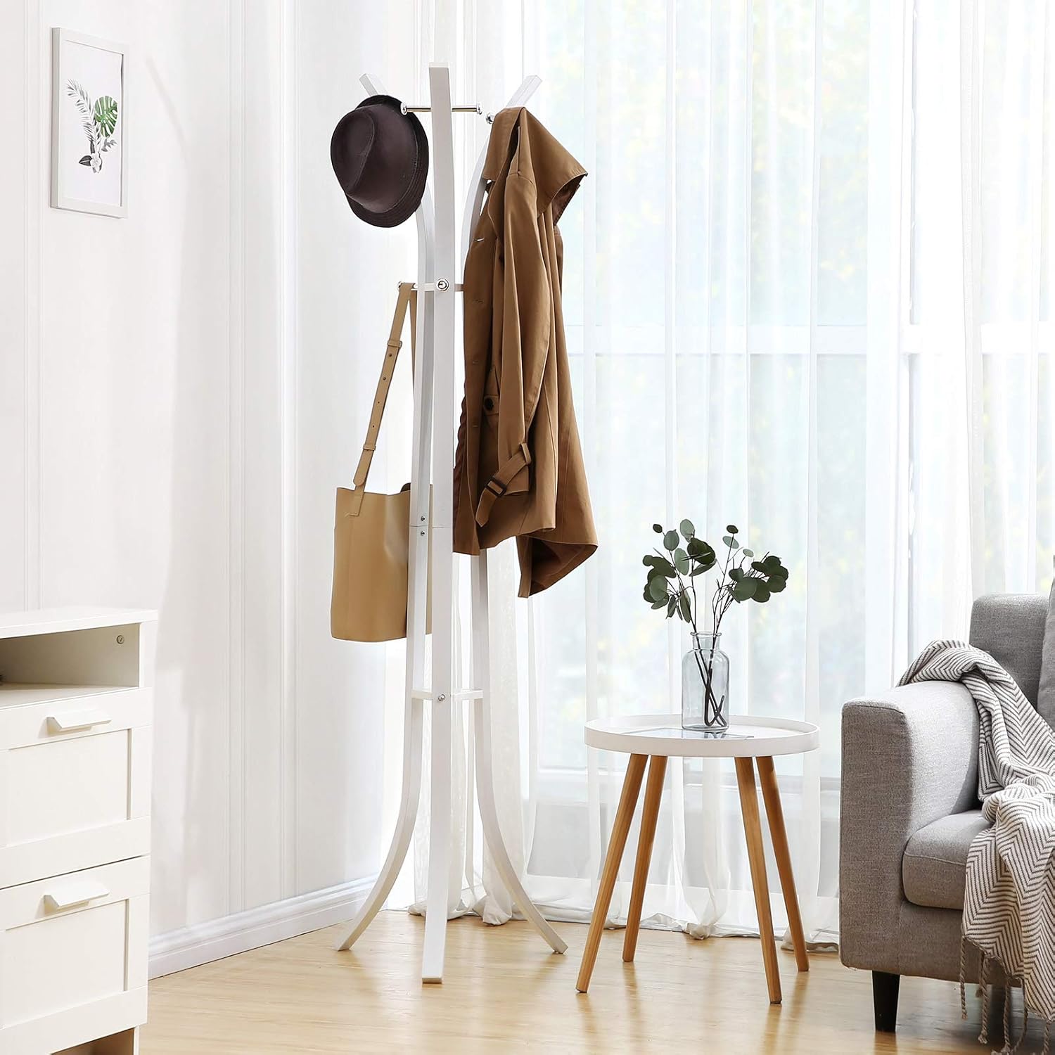 SONGMICS Cuier metalic 176x50x50 cm, cu 9 carlige, otel vopsit si plastic ABS, alb
