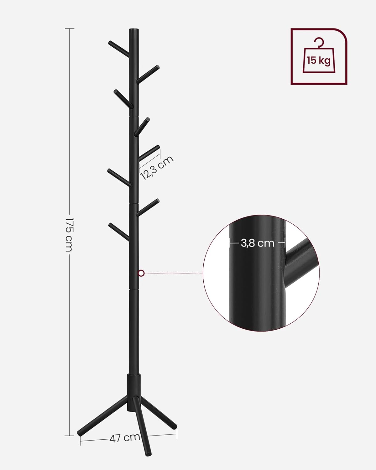 VASAGLE Cuier lemn masiv 47x47x175 cm, 8 carlige si inaltime reglabila, baza triunghiulara, negru