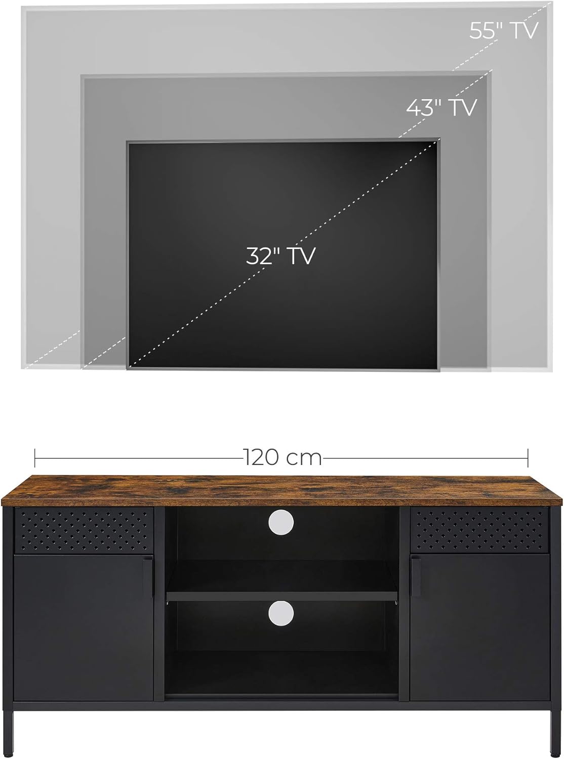 SONGMICS Comoda TV 120x40x55 cm, 3 rafturi reglabile, 2 usi, stil vintage, PAL si otel, maro-negru mat