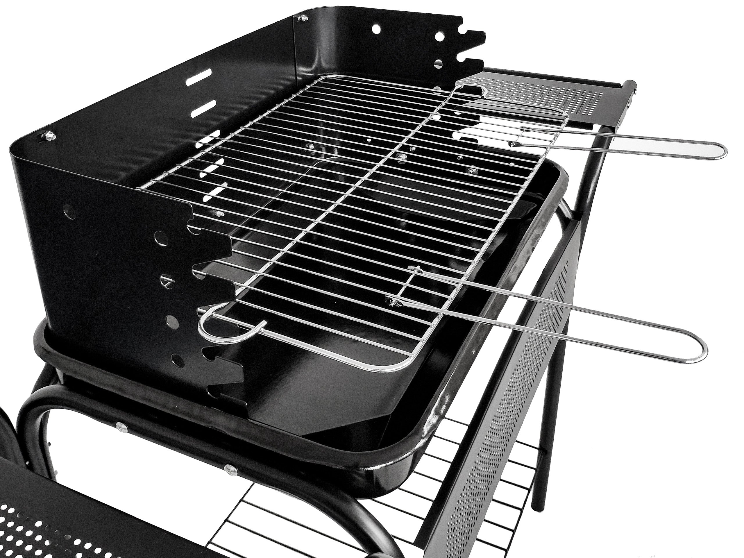 Gratar gradina 113x40x80 cm, gratar cromat 53x34 cm, 5 trepte reglaj, 3 rafturi si roti pentru mobilitate