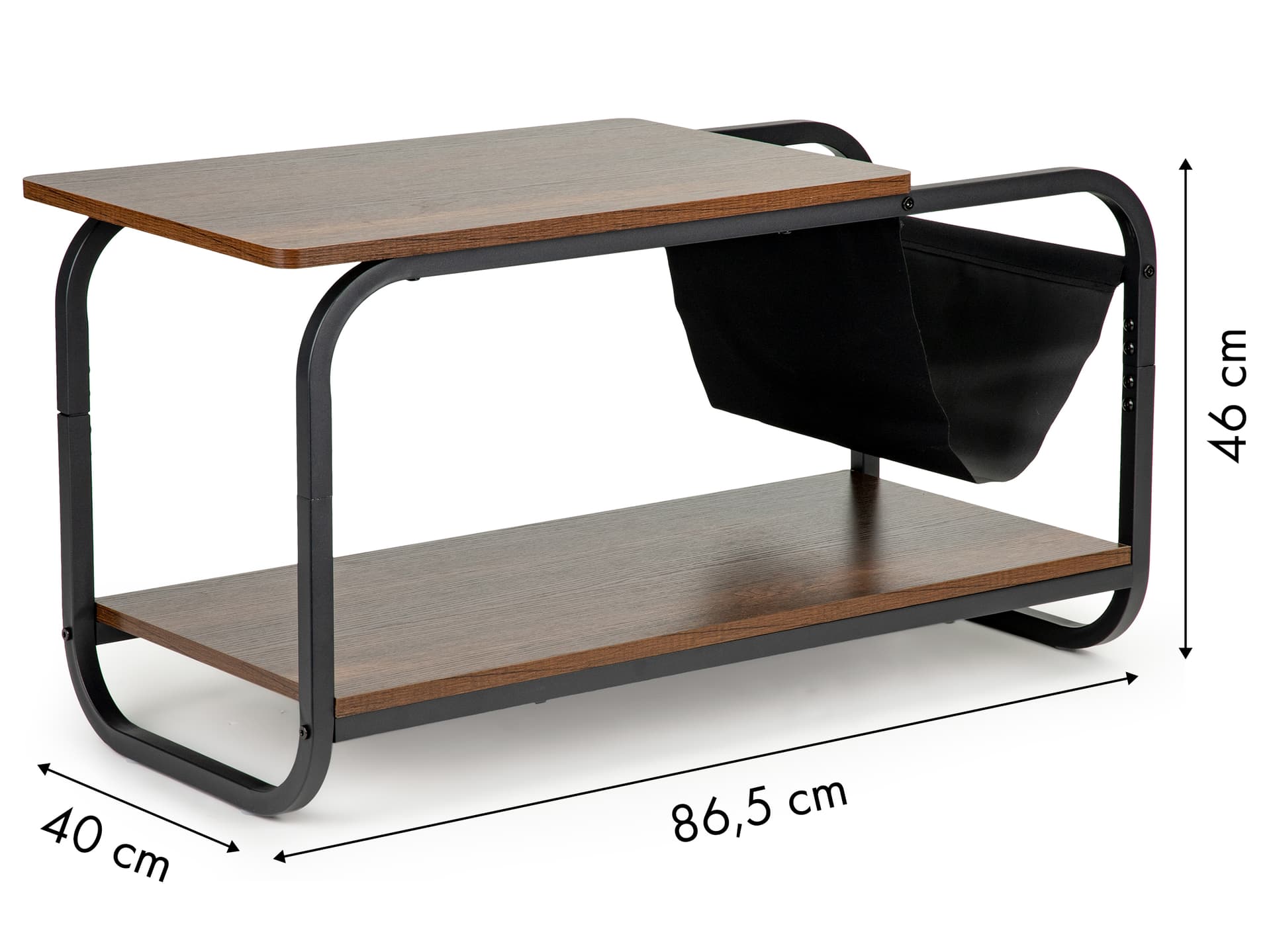 Masuta cafea cu 2 rafturi si suport reviste, cadru metalic, 87x40x46 cm, lemn natur si negru