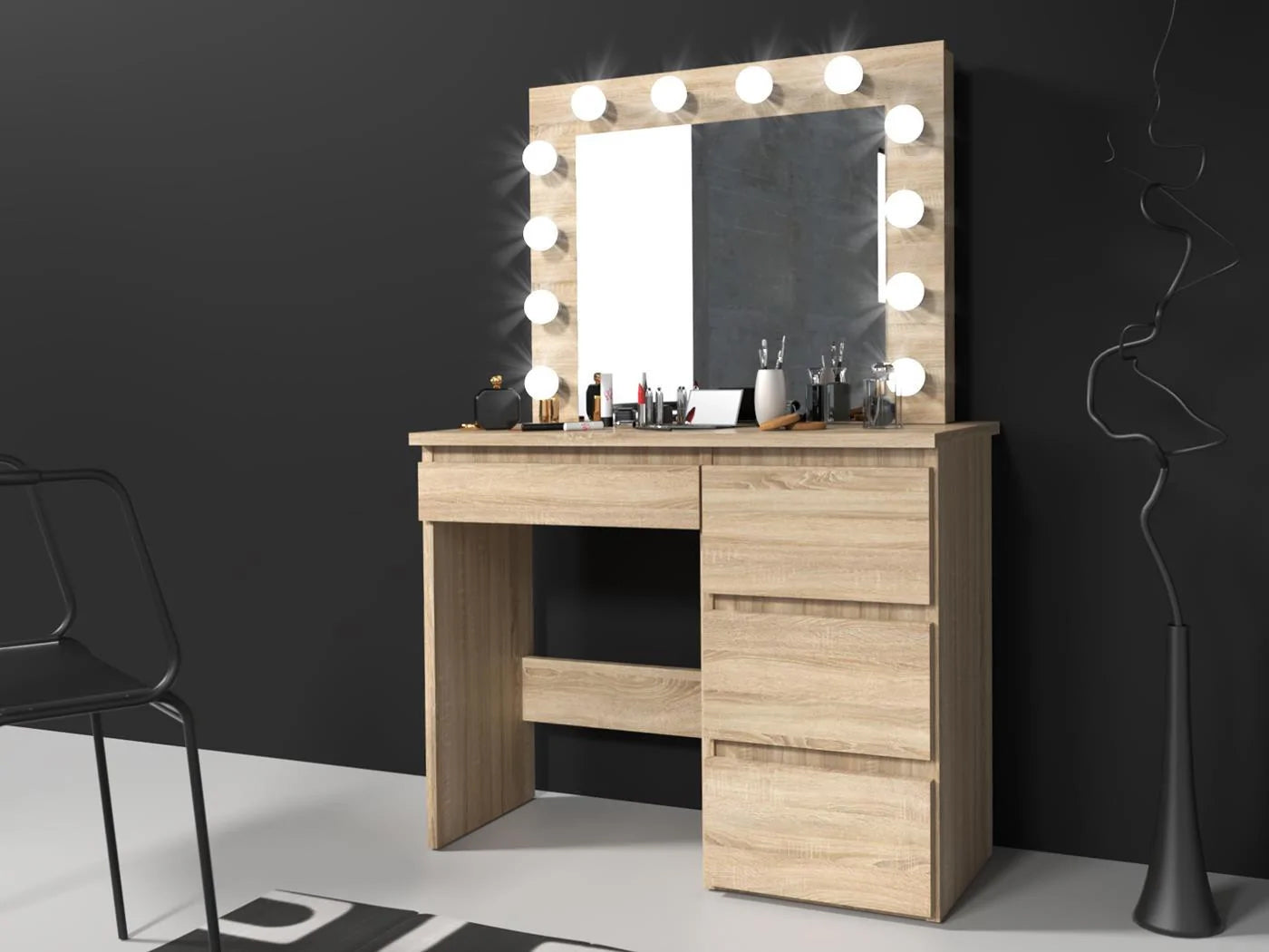 Masa de toaleta si machiaj Hollywood cu oglinda LED si 4 sertare, 94x43x140 cm, stejar - 5