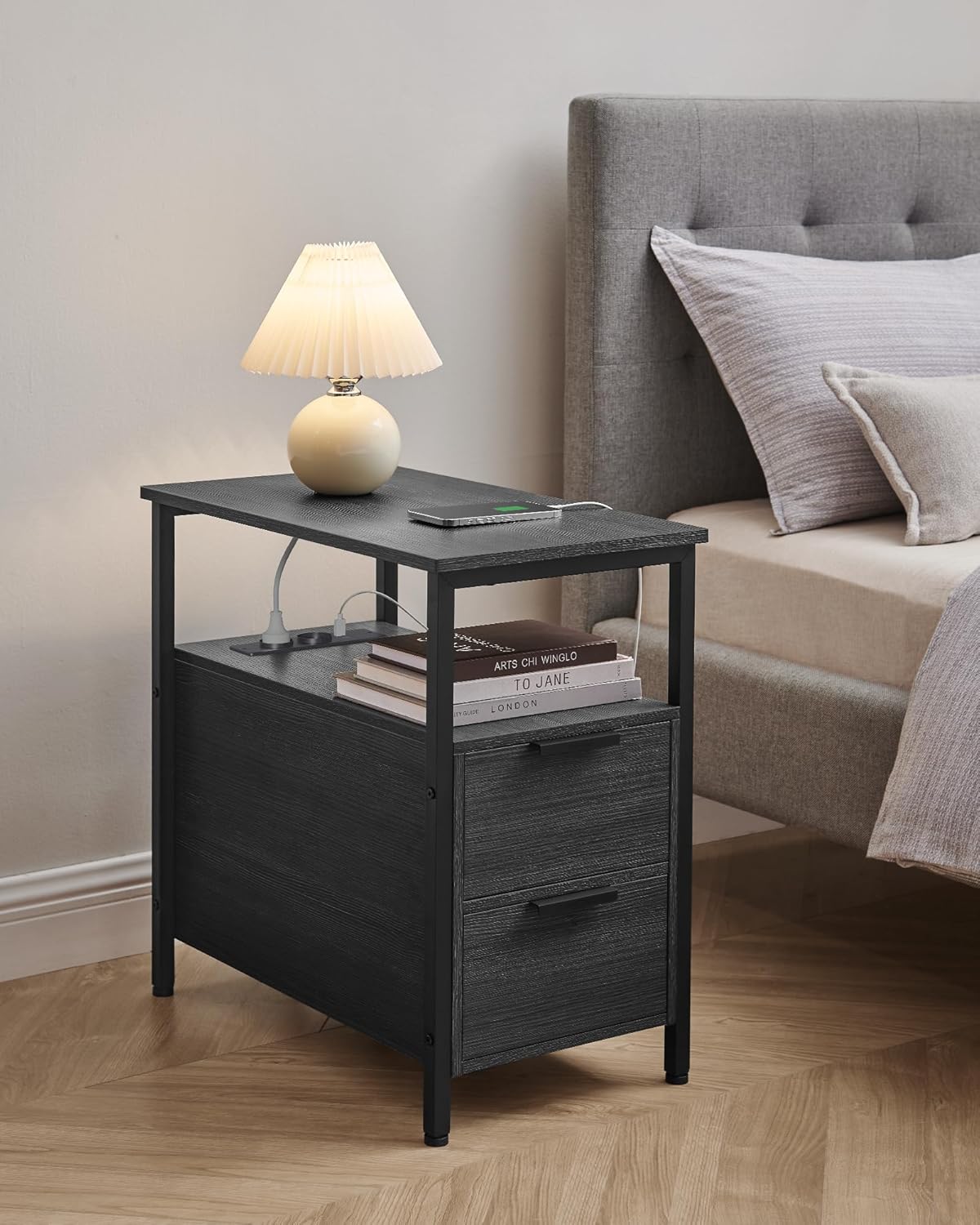 VASAGLE Noptiera 60x35x61 cm, cu 2 sertare, rafturi si priza incorporata, PAL si otel, gri antracit si negru