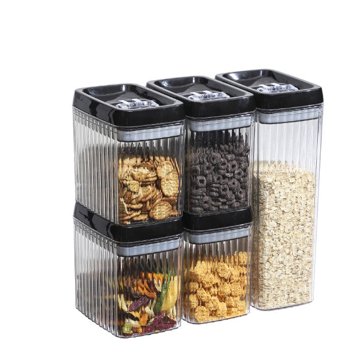 Set 5 Recipiente din Plastic, pentru Alimente/Obiecte, Inchidere Ermetica, Textura Ondulata, 4 x 1.5l, 1 x 3.3 l, Transparent