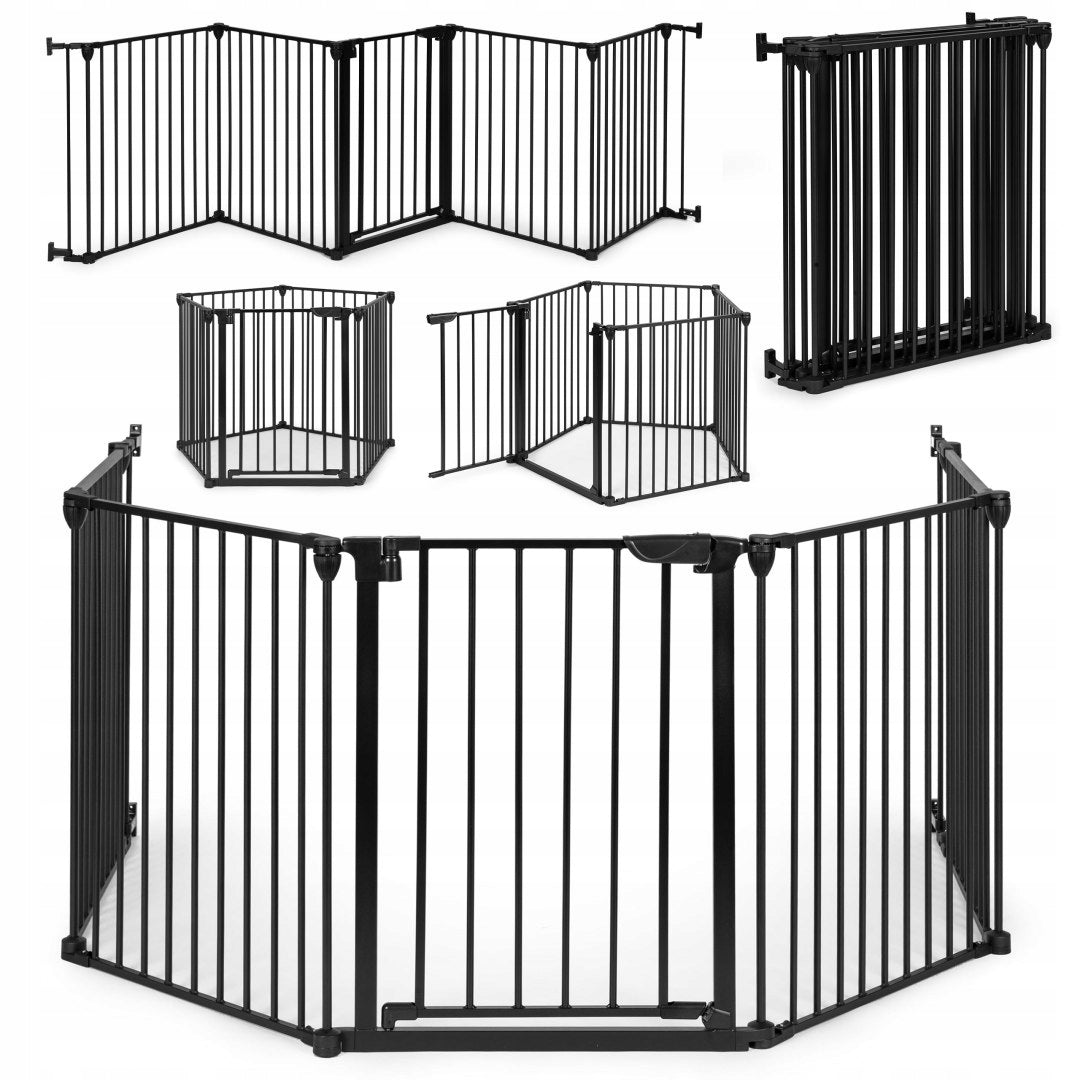 Bariera de siguranta pliabila 300x74 cm, 5 panouri si poarta cu blocare automata, metal si plastic, neagra