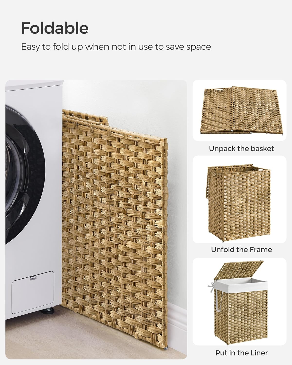 SONGMICS Cos rufe cu capac, ratan sintetic si sac detasabil, 90 L, 46x33x60 cm, natur
