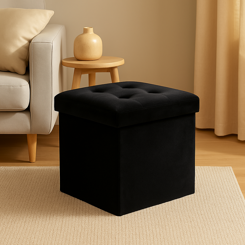 Taburet pliabil Atmosphera Lysandre cu spatiu de depozitare, 38x38x38 cm, negru