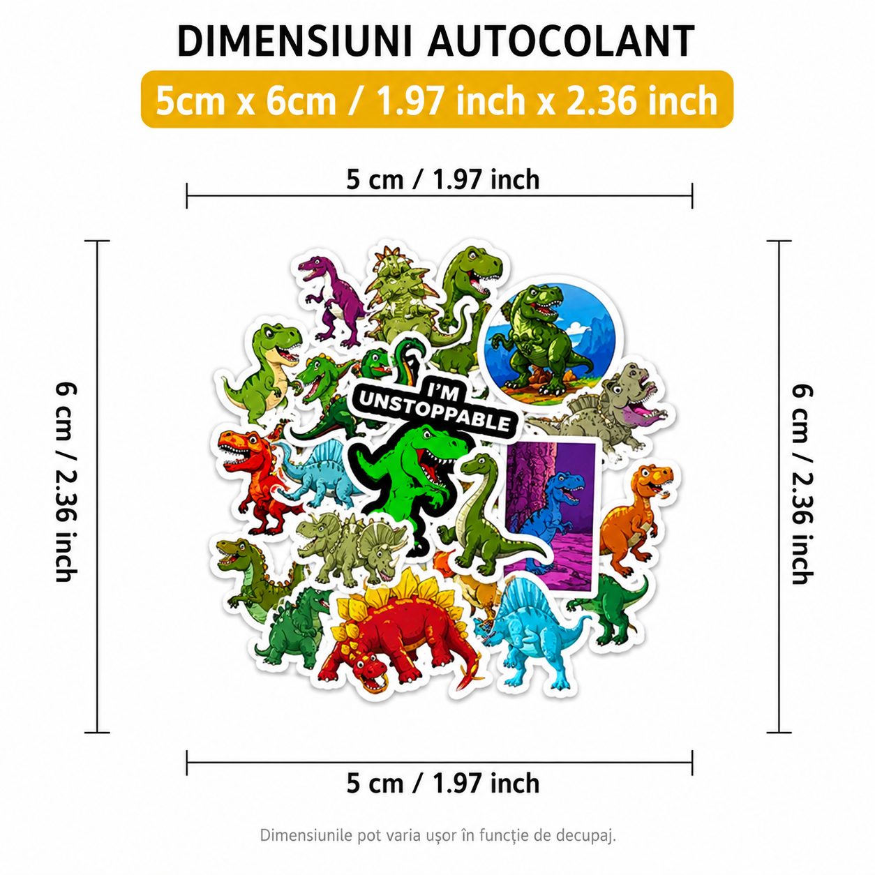 Set 50 Stickere Decorative, Modele Dinozauri Cartoon, Impermeabile, Aproximativ 5 x 6 cm, Multicolor
