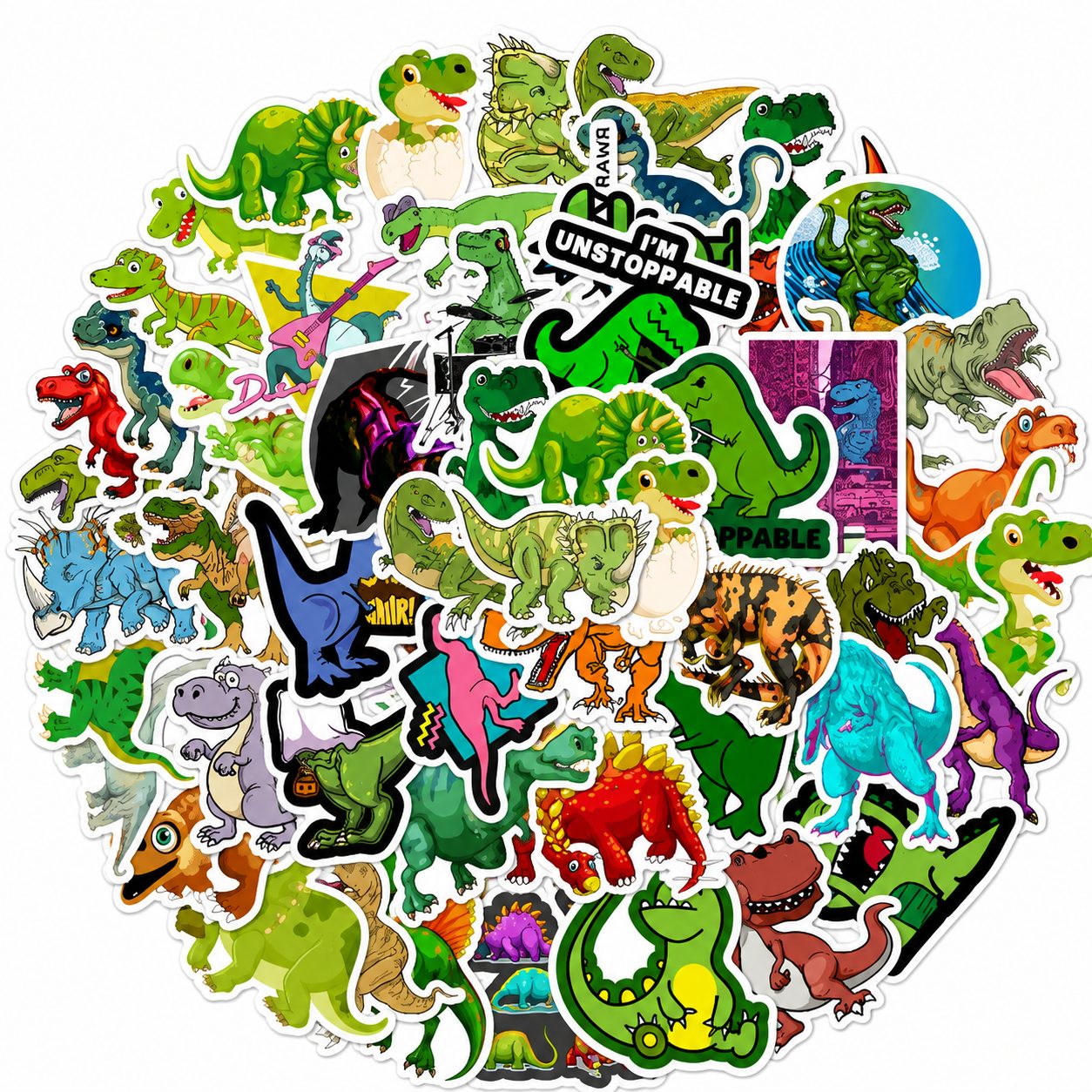 Set 50 Stickere Decorative, Modele Dinozauri Cartoon, Impermeabile, Aproximativ 5 x 6 cm, Multicolor