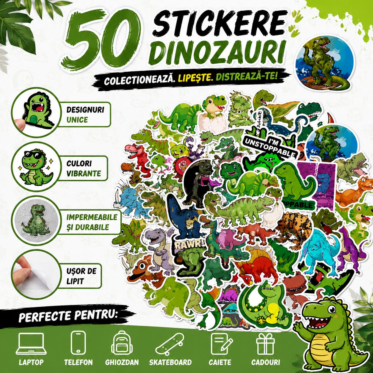 Set 50 Stickere Decorative, Modele Dinozauri Cartoon, Impermeabile, Aproximativ 5 x 6 cm, Multicolor