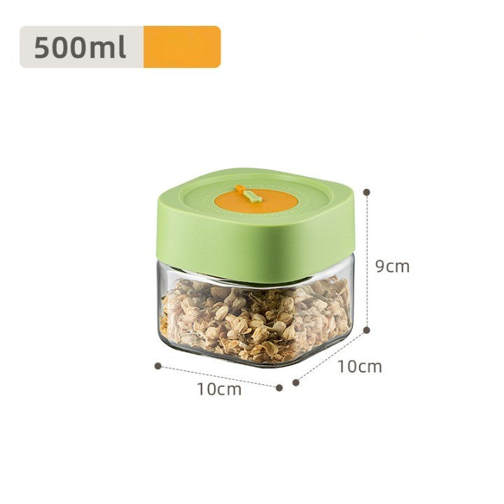 Borcan Alimentar din sticla cu Capac Vid, 500 ml, Inchidere Ermetica pentru Orice Tip de Produse, Design Patrat, 10 x 10 x 9 cm, Transparenta cu Capac Verde